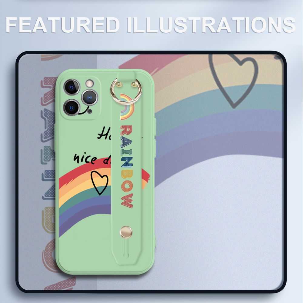 UCUC for iPhone 11 Pro Max Wrist Strap Case INS Style Smile Rainbow Cover Ultra Thin Anti Fall Liquid Silicone Phone Case