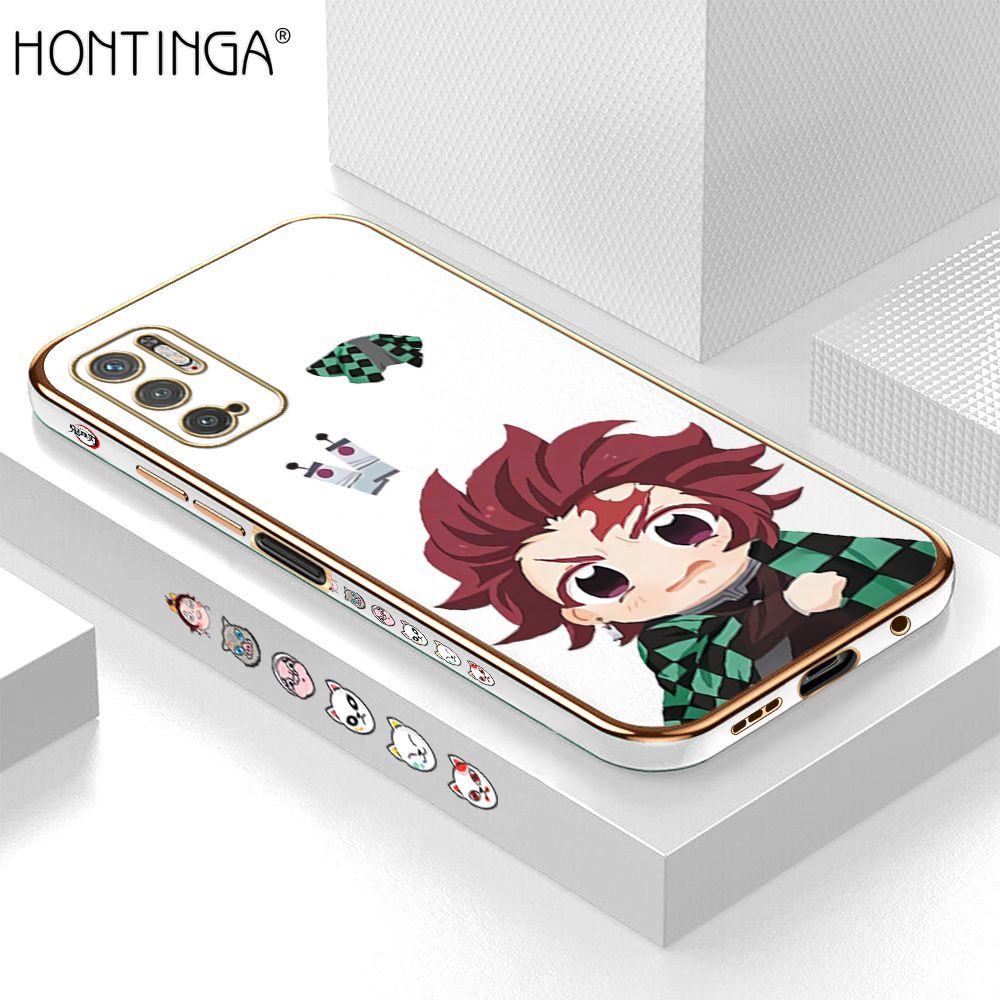 Hontinga for Redmi Note 10 5G Case Luxury 6D Plating Soft Casing Silicone Square Frame Phone Cover Shiny Bling Side Print Cartoon Anime Tanjirou Cases