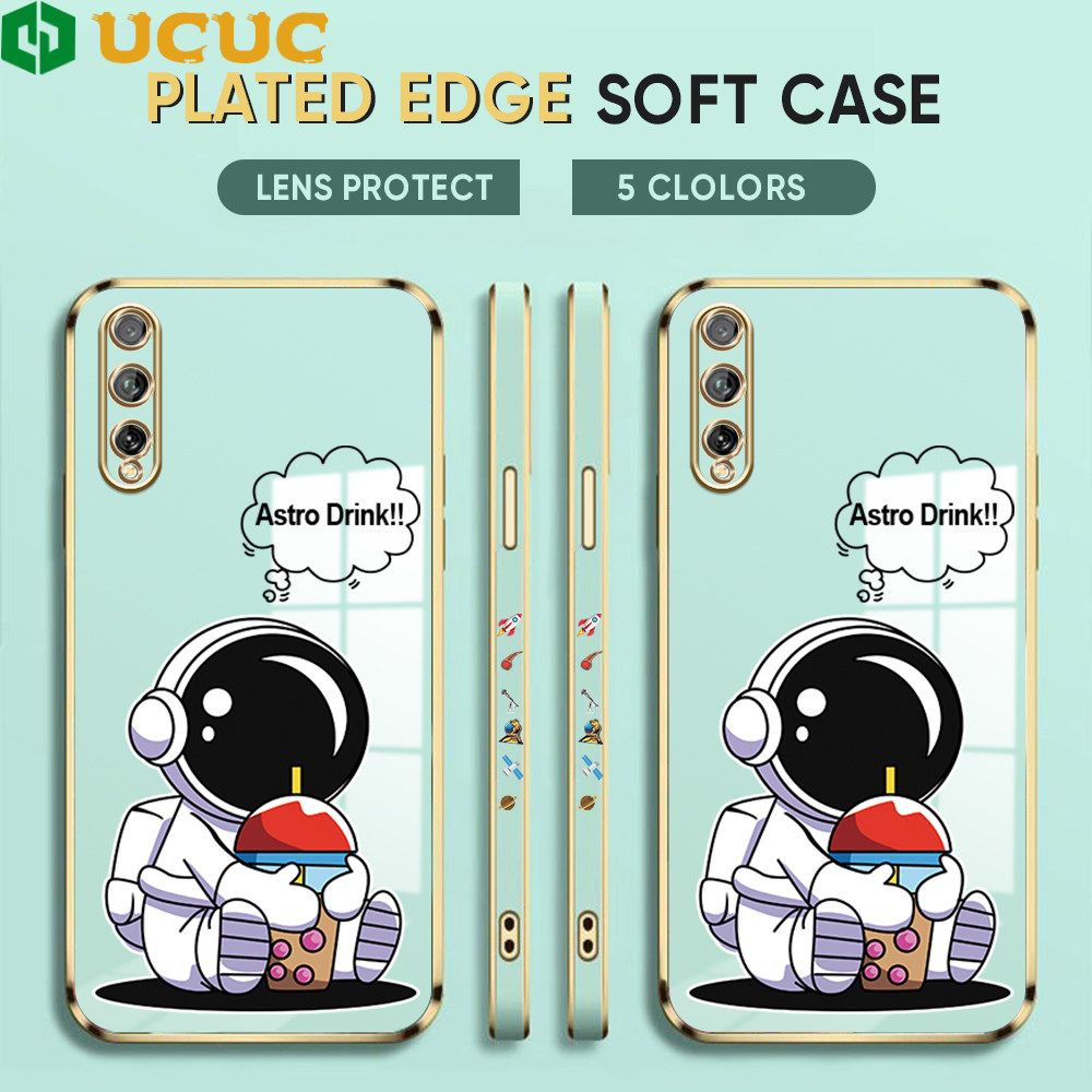 UCUC for Huawei Y8P 2020 Back Cover + Free Lanyard Cute Astronaut Luxury 6D Plating Case Side Pattern Soft Silicone Square Phone Cases