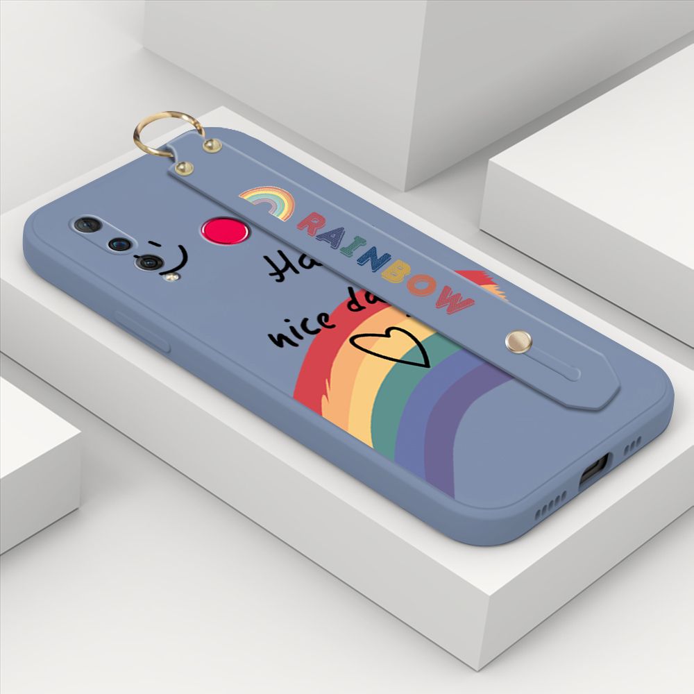 ZeroQiQi for Huawei Nova 4 Wrist Strap Case Lovely Graffiti Rainbow Smile Thin Phone Cover Square Edge Liquid Silicone Creativity Phone Case