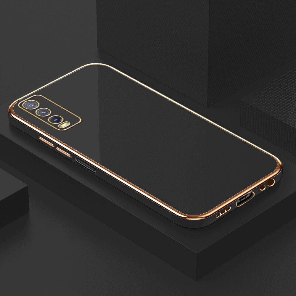 Luxury 6D Plating Soft Casing Silicone Square Frame Phone Case For Vivo Y20 Case Shiny Bling Back Cover + Free Lanyard