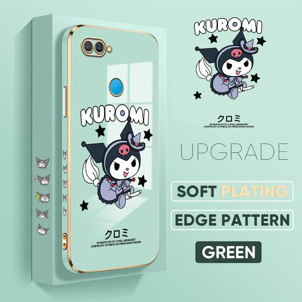 TA for OPPO A5S / A7 / A12 / A12S Back Cover + Free Lanyard Cute Kuromi Luxury 6D Plating Case Side Pattern Soft Silicone Square Phone Cases