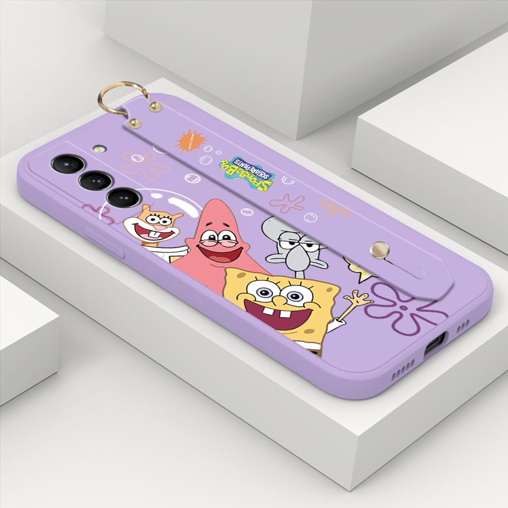 ZeroQiQi for Samsung Galaxy S21 Plus 5G Wrist Strap Case Cute Cute Funny Cartoon Sponge for Square Pants Cover Square Edge Liquid Silicone Anti-drop Phone Case