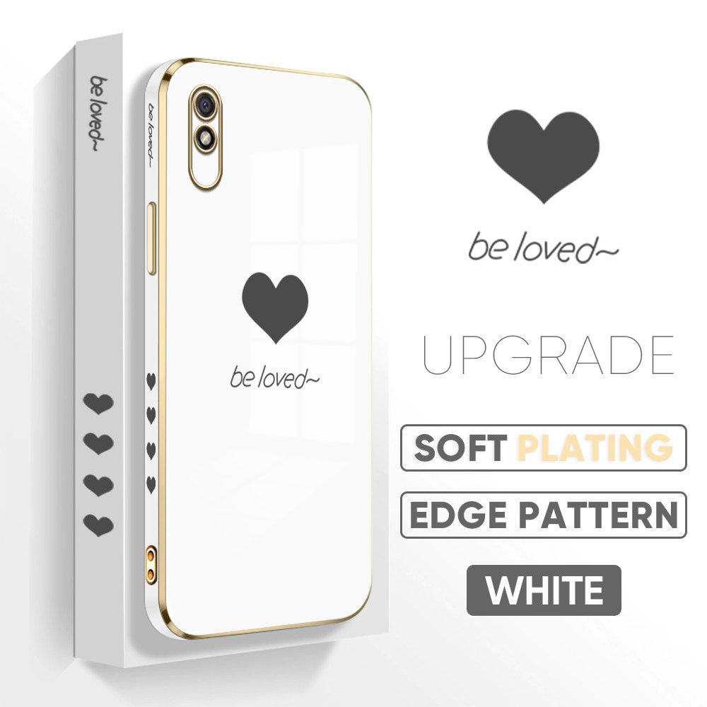 TA for Redmi 9A Back Cover + Free Lanyard Simple Love Luxury 6D Plating Case Side Pattern Soft Silicone Square Phone Cases