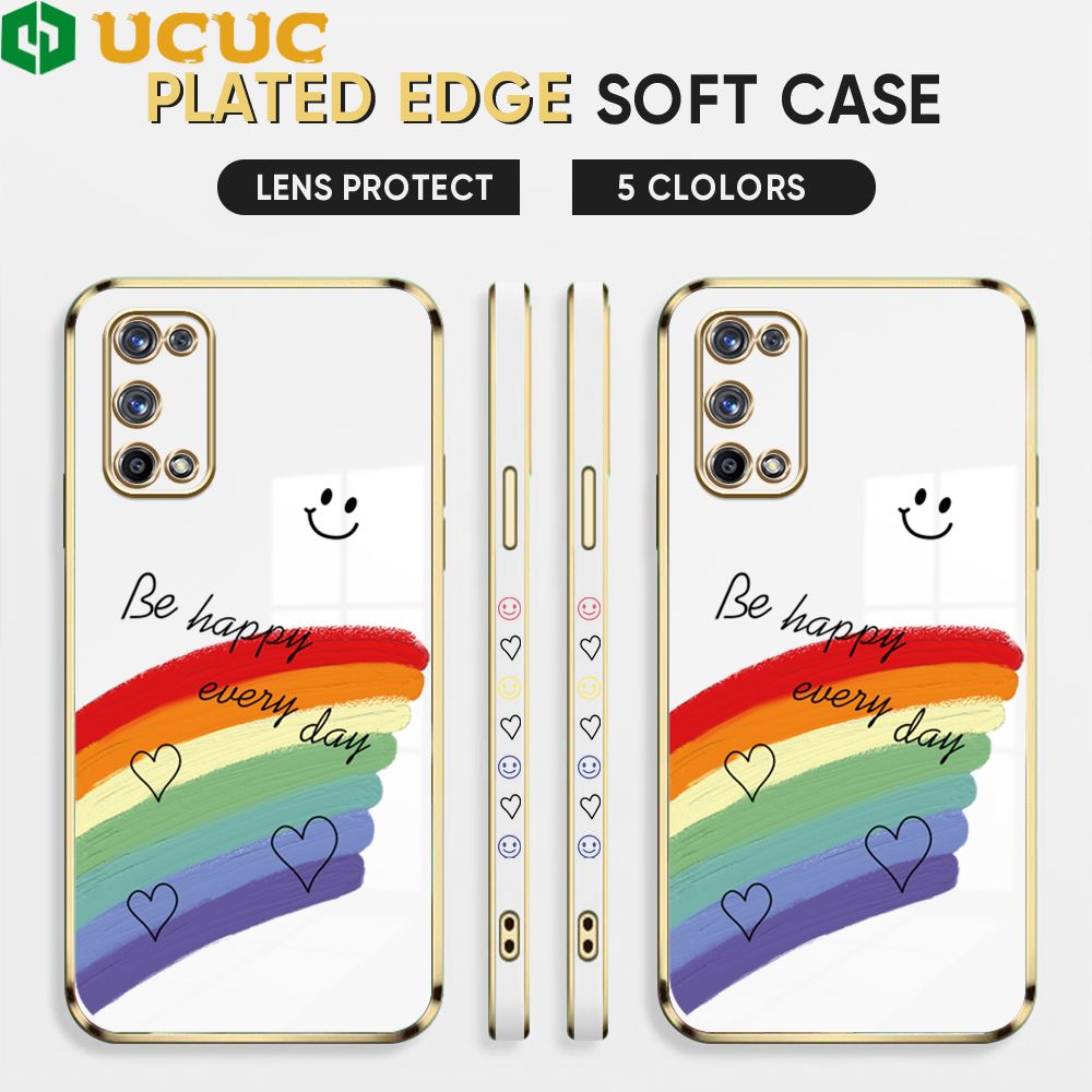 UCUC for Realme X7 Pro 5G Back Cover + Free Lanyard Rainbow Doodle Luxury 6D Plating Case Side Pattern Soft Silicone Square Phone Cases
