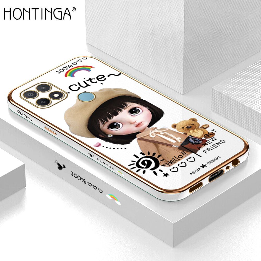 Hontinga for OPPO A15S Back Cover + Free Lanyard Luxury 6D Plating Cartoon Cartoon Satchel Girl Side Pattern Case Soft Silicone Square Phone Cases