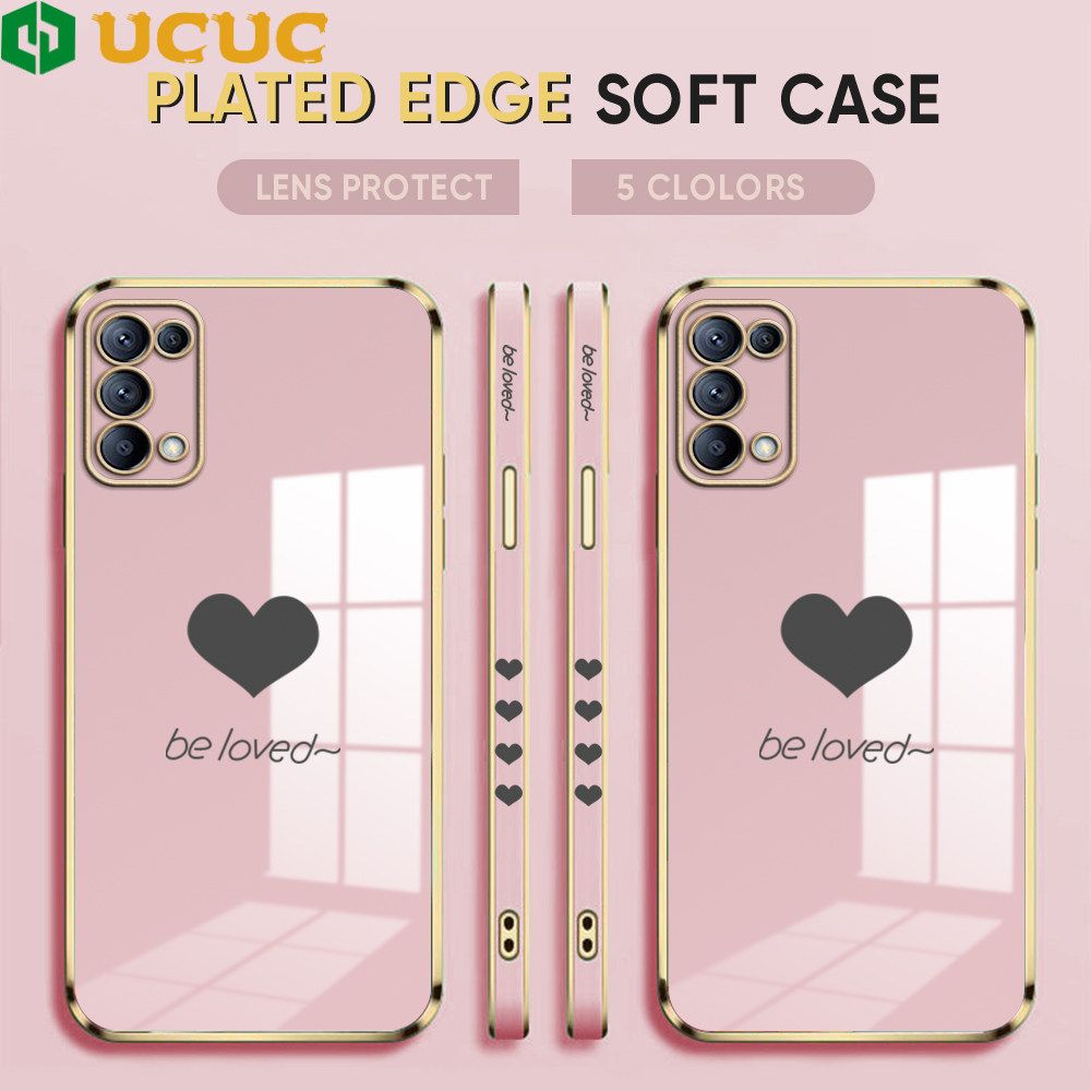 UCUC for OPPO Reno5 4G / 5G Back Cover + Free Lanyard Lover Heart Luxury 6D Plating Case Side Pattern Soft Silicone Square Phone Cases