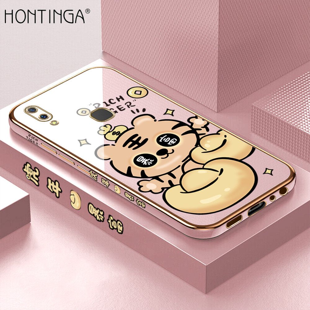 Hontinga for Vivo V9 Back Cover + Free Lanyard Luxury 6D Plating Cartoon Get Rich Tiger Side Pattern Caese Soft Silicone Square Phone Cases