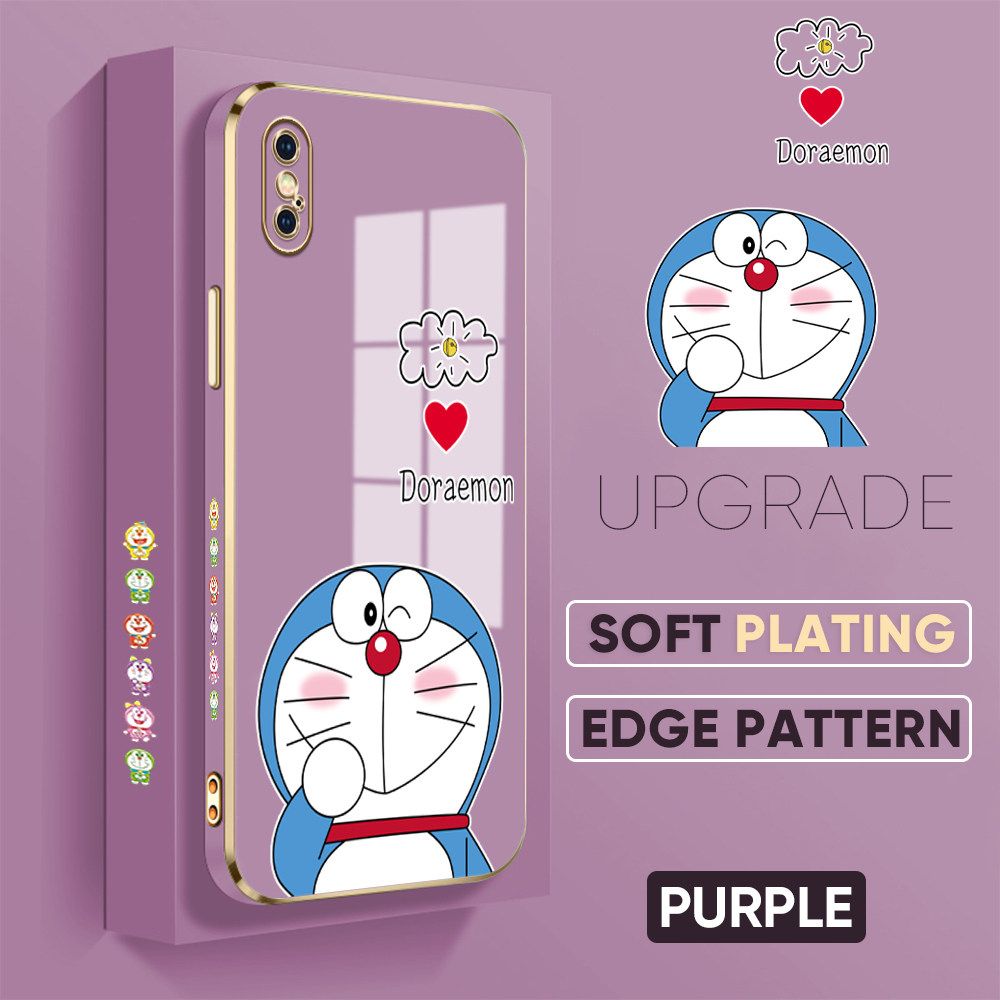 UCUC for iPhone X XS Back Cover + Free Lanyard Sneak Doraemon Luxury 6D Plating Case Side Pattern Soft Silicone Square Phone Cases