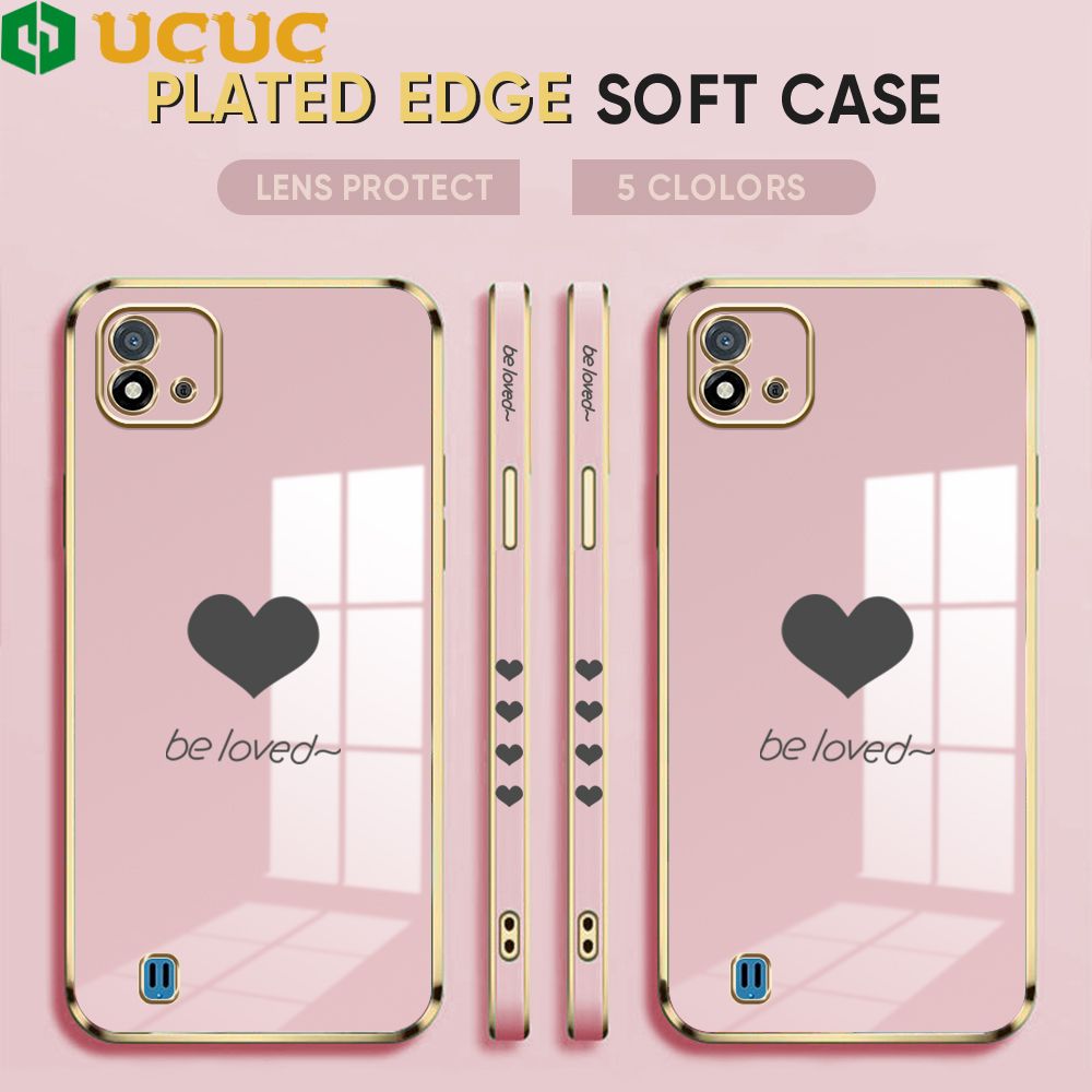 UCUC for Realme C20A / Realme C20 / Realme C11 2021 Back Cover + Free Lanyard Lover Heart Luxury 6D Plating Case Side Pattern Soft Silicone Square Phone Cases