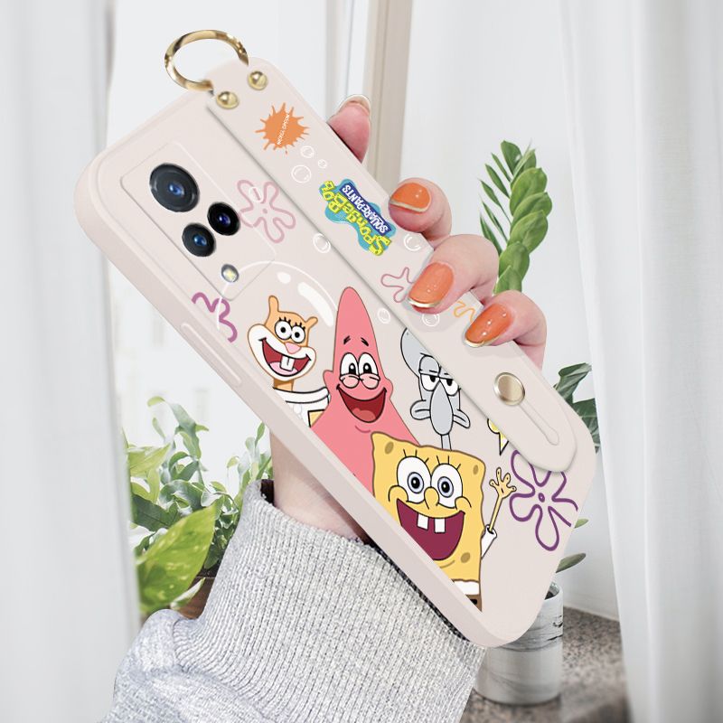 Jizetin for Vivo V21 5G Wrist Strap Case Funny Cartoon Sea Creatures Cover Ultra Thin Anti Fall Liquid Silicone Phone Case