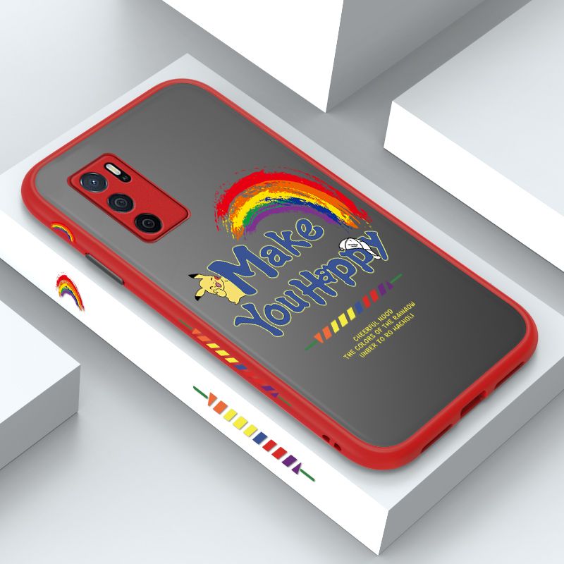 ZeroQiQi for OPPO A16 Case Creative Cartoon Rainbow Pikachu Side Printing Cover Frosted Ultra Thin Protective Anti Fall Phone Case