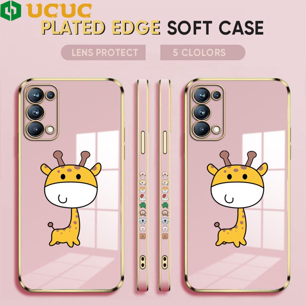 UCUC for OPPO Reno5 Pro 5G Back Cover + Free Lanyard Big Head Giraffe Luxury 6D Plating Case Side Pattern Soft Silicone Square Phone Cases