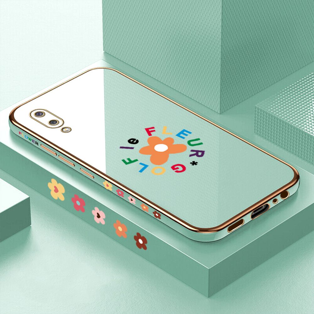 Luxury 6D Plating Case for Samsung M02 A02 Cartoon Flower Side Pattern Back Cover Soft Silicone Square Phone Cases + Free Lanyard