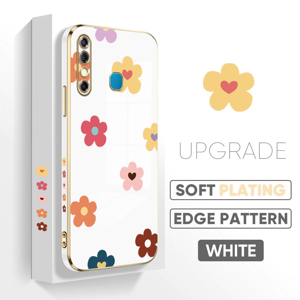 Jizetin (Free Lanyard) Infinix Hot 8 Hot 8 Pro Back Cover Falling Flowers Luxury 6D Plating Case Side Pattern Soft Silicone Square Phone Cases