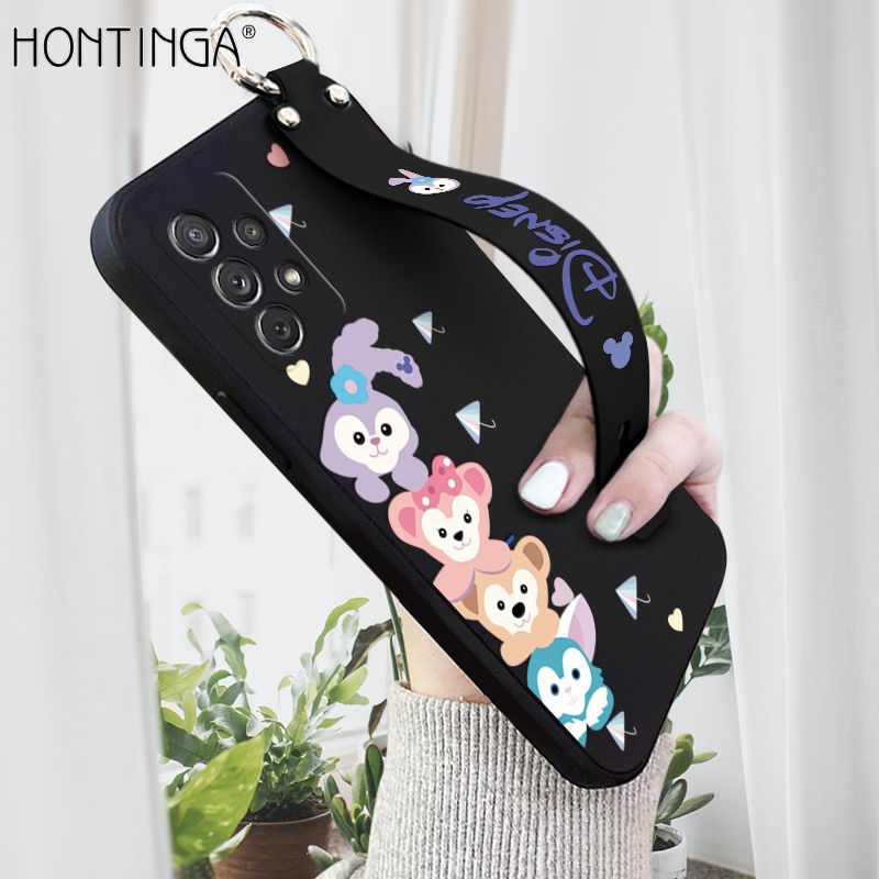 Hontinga for Samsung Galaxy A72 4G / 5G Wrist Strap Case INS Cute Style Creative Cartoon Rabbit and Fox Cover Thin Square Edge Liquid Silicone Phone Case