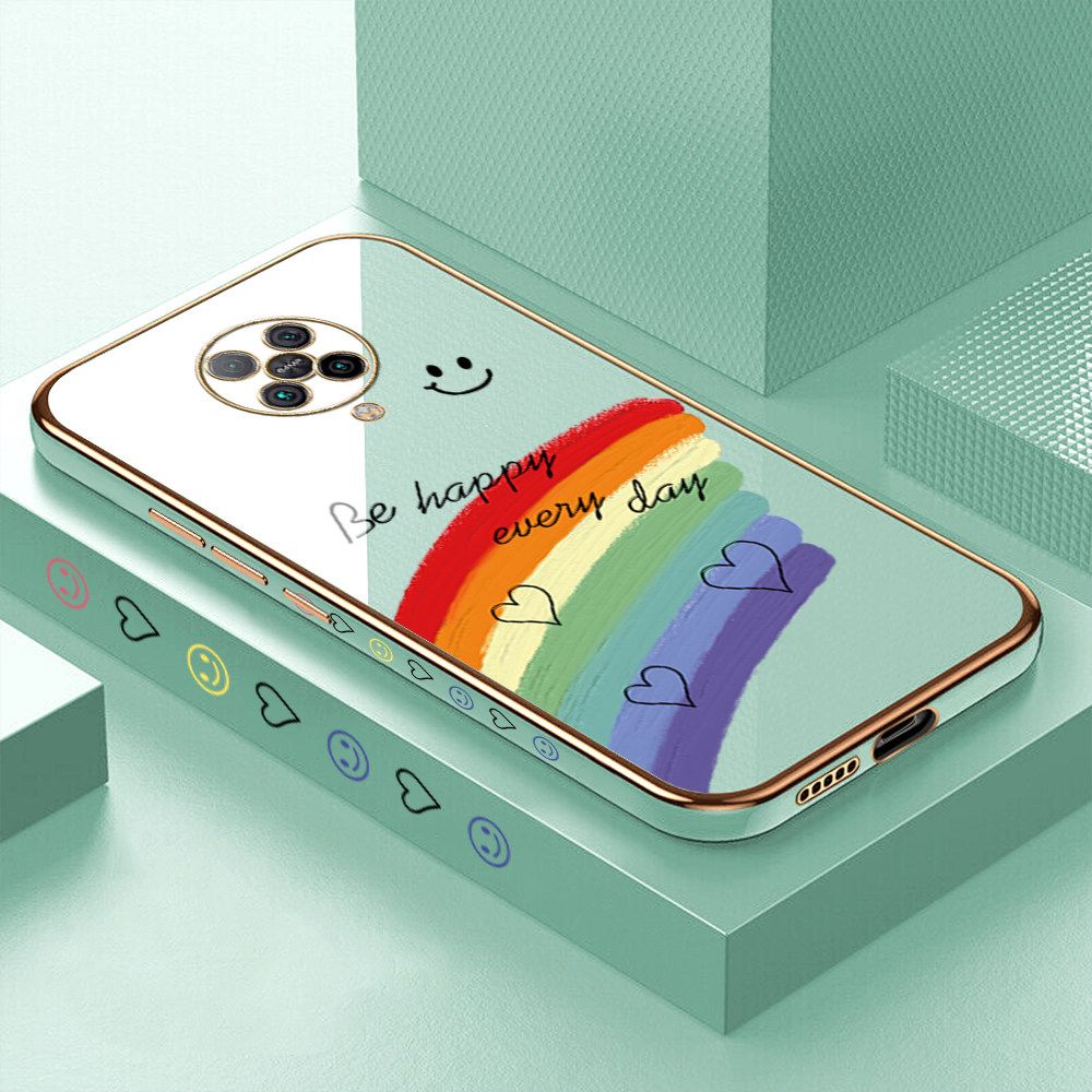 Luxury 6D Plating Case for Xiaomi Poco F2 Pro Smile Rainbow Lover Heart Side Pattern Back Cover Soft Silicone Square Frame Shiny Bling Phone Cases + Free Lanyard