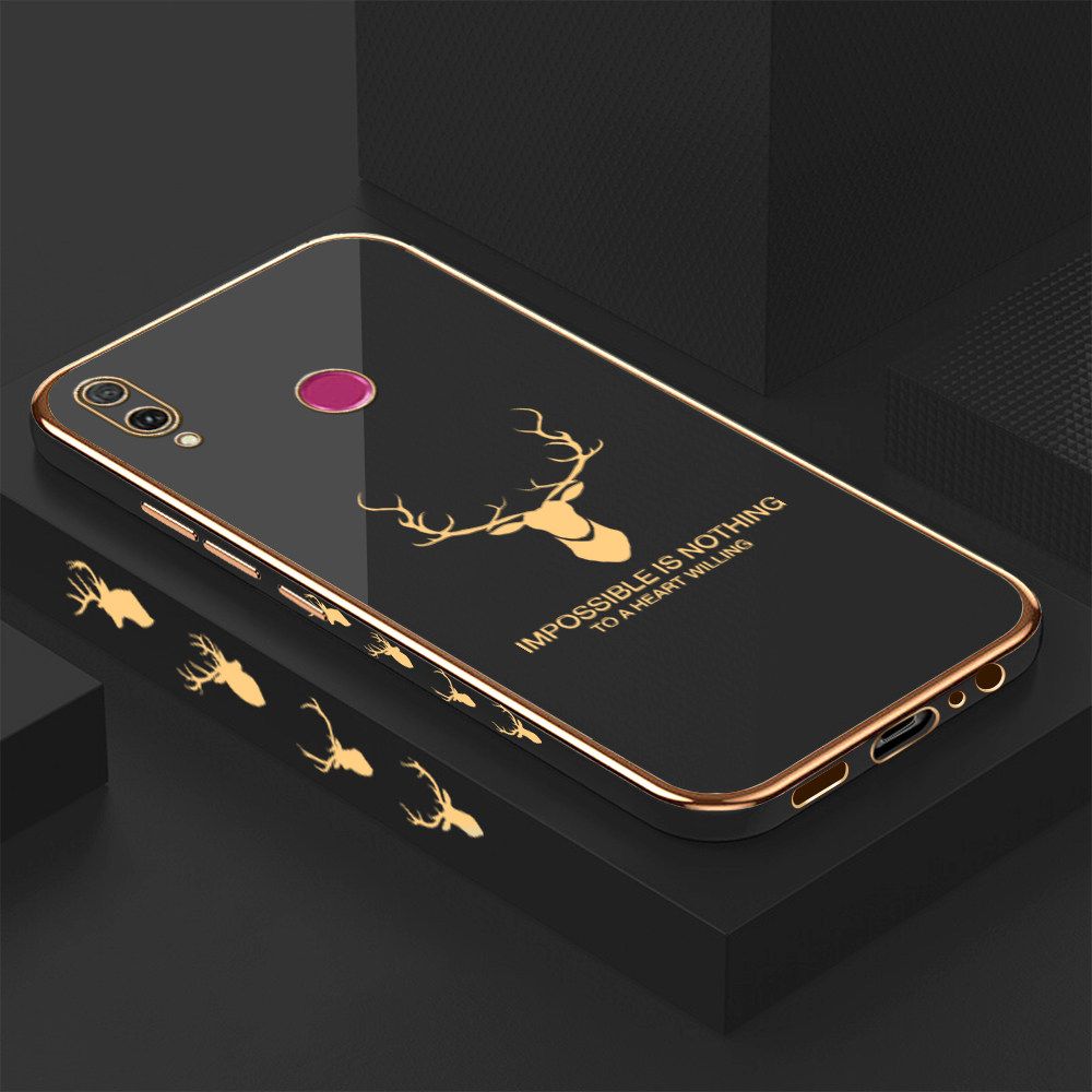 Luxury 6D Plating Case for Huawei Y9 2019 Alphabet Lucky Deer Side Pattern Back Cover Soft Silicone Square Frame Shiny Bling Phone Cases + Free Lanyard