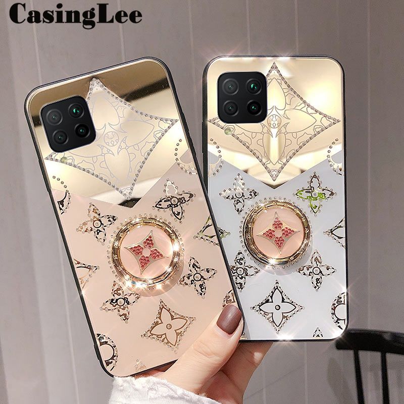 CasingLee For Samsung Galaxy A12 case Navigation Magnetic Ring Holder Luxury Diamond clover Mirror Back Cover Samsung A12 Phone cases cover Luxury with Lanyard For girls and Boys