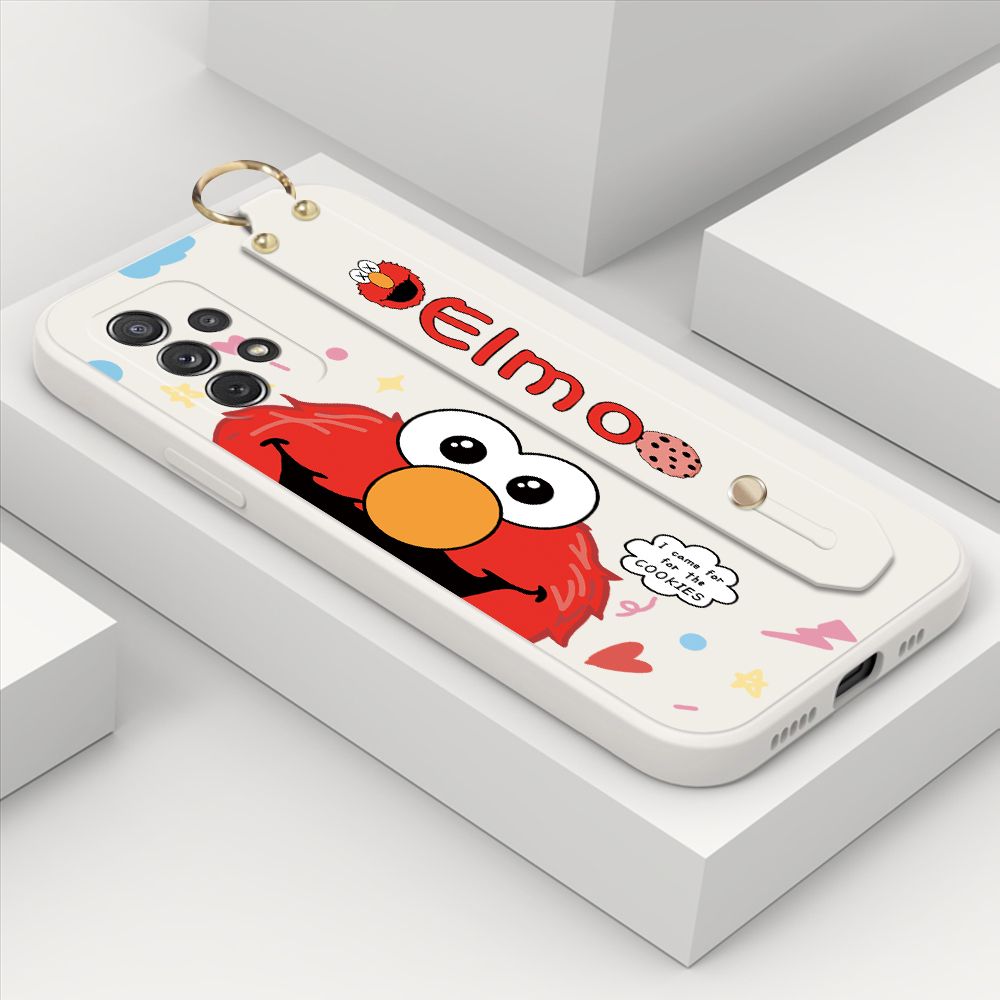ZeroQiQi for Samsung Galaxy A72 5G Wrist Strap Case Cute Cute Cartoon Little Monster Phone Cover Square Edge Liquid Silicone Case Full Cover Camera Shockproof Protective Cases