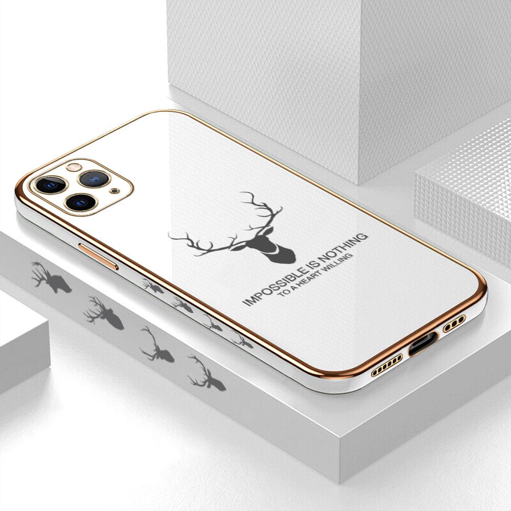 Luxury 6D Plating Case for iPhone 11 Pro Alphabet Lucky Deer Side Pattern Back Cover Soft Silicone Square Frame Shiny Bling Phone Cases + Free Lanyard