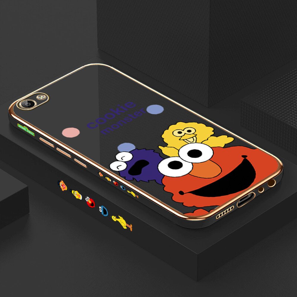 Luxury 6D Plating Case for Vivo V5 Color Cute Cartoon Sesame Monsters Side Pattern Back Cover Soft Silicone Square Frame Shiny Bling Phone Cases + Free Lanyard