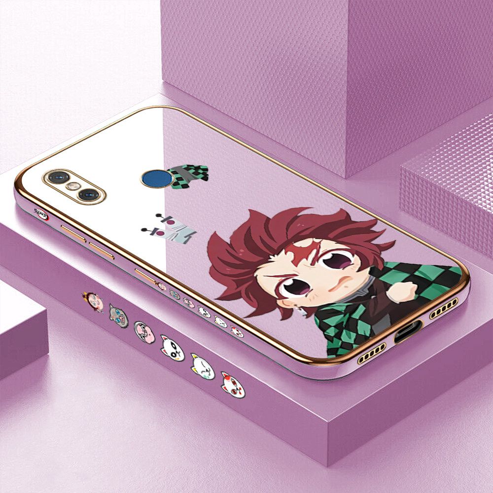 Luxury 6D Plating Case for Xiaomi 8 Cartoon Anime Tanjirou Side Pattern Back Cover Soft Silicone Square Frame Shiny Bling Phone Cases + Free Lanyard