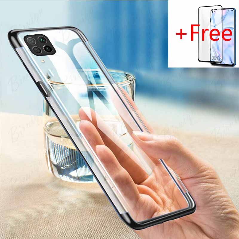 (Free Tempered Glass) Biruiqu For Huawei Nova 7i Shockproof【Plating Clear】Slim Soft Bumper Phone Case Cover