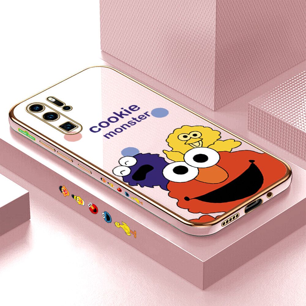 Luxury 6D Plating Case for Huawei P30 Pro Color Cute Cartoon Sesame Monsters Side Pattern Back Cover Soft Silicone Square Frame Shiny Bling Phone Cases + Free Lanyard