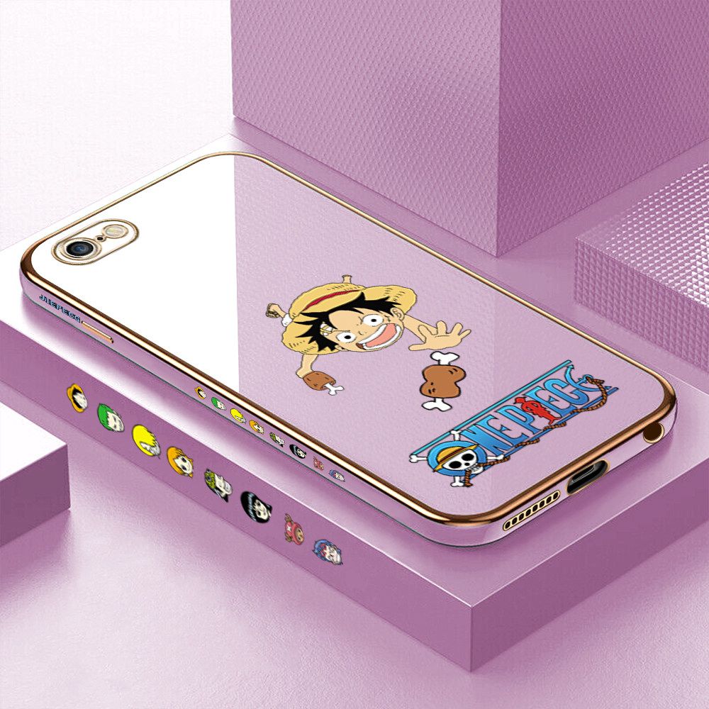 Luxury 6D Plating Case for iPhone 6 Gluttonous Cartoon Luffy Side Pattern Back Cover Soft Silicone Square Frame Shiny Bling Phone Cases + Free Lanyard