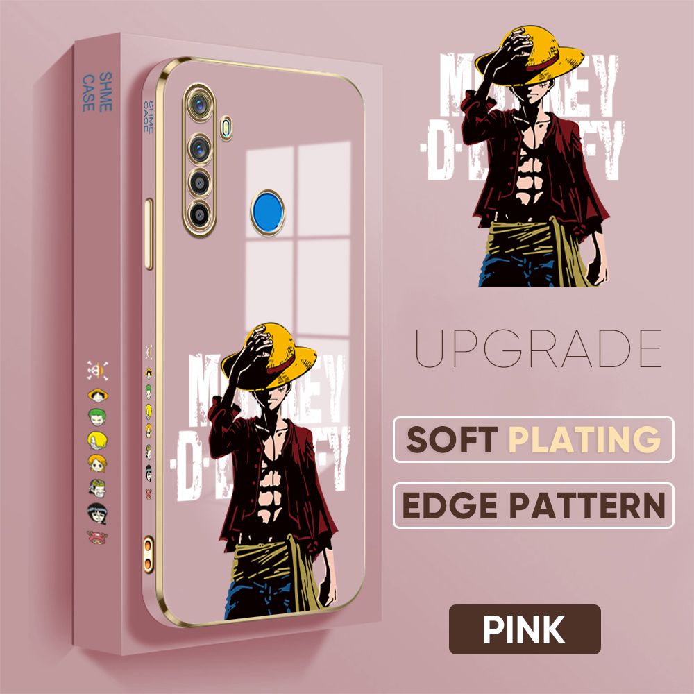 TA for Realme 5 5i 5S 6i Back Cover + Free Lanyard Handsome Luffy Luxury 6D Plating Case Side Pattern Soft Silicone Square Phone Cases