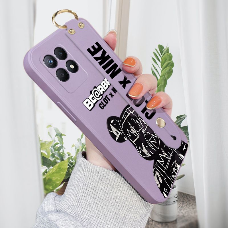 Jizetin for Realme 8I Back Cover Fashion Black Brand Bear Wrist Strap Phone Case Candy Color shock proof Protective Phone Cases