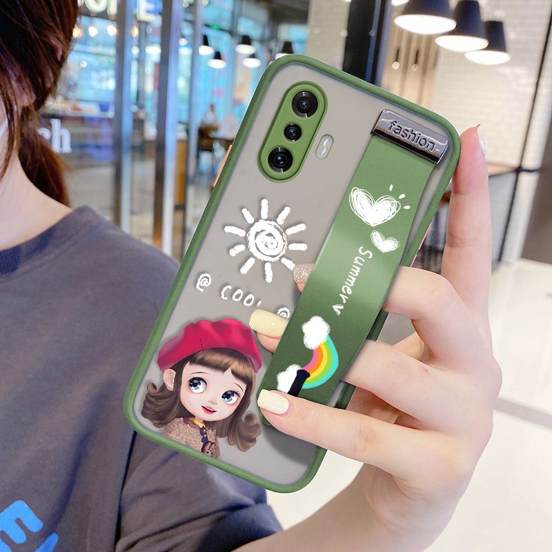 UCUC for Xiaomi Poco F3 GT Wrist Strap Case Lovely Cartoon Red Hat Girl Wristband Printing Cover Shockproof Frosted Phone Case