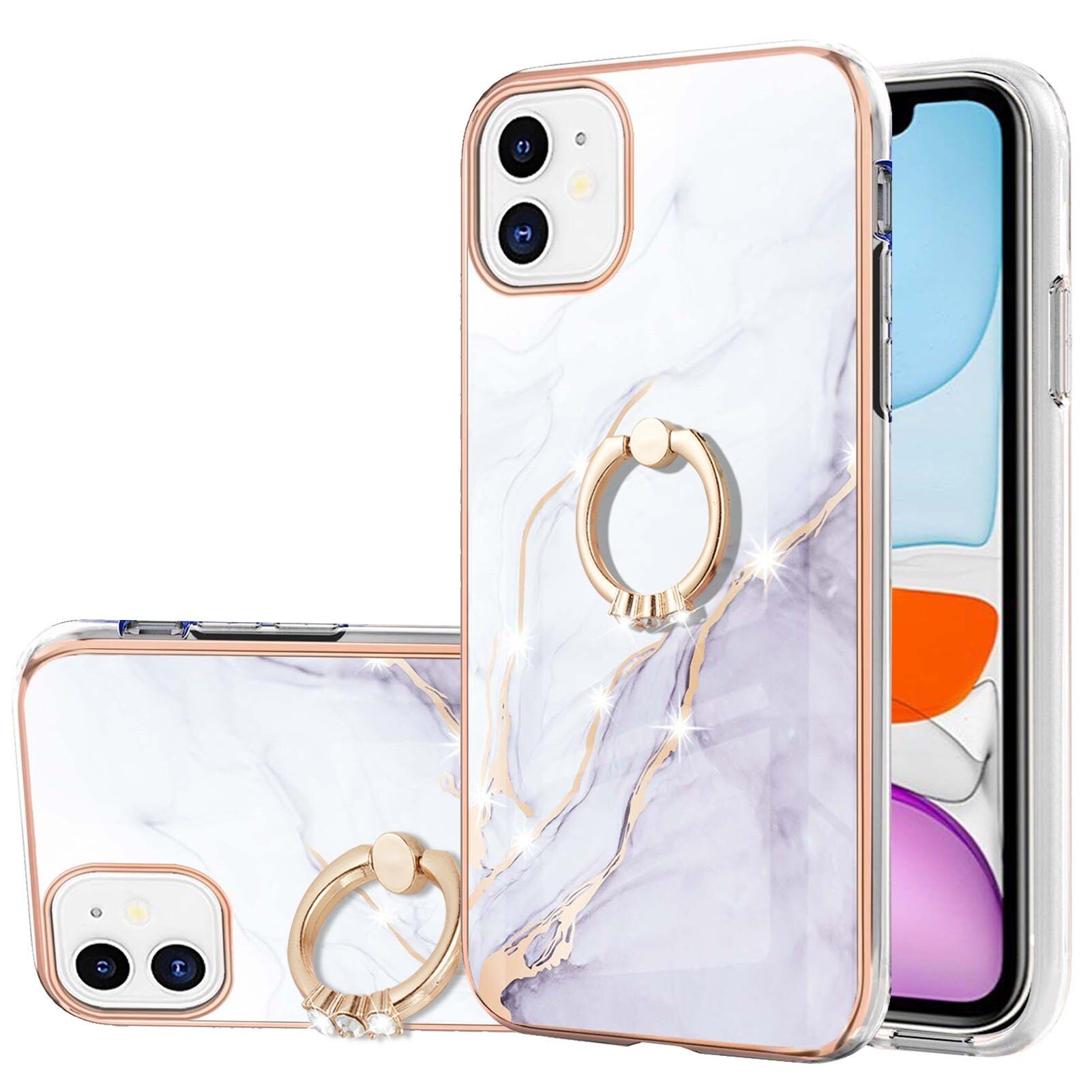Case for iPhone 11 Marble Pattern Hybrid Hard Back Soft TPU Bumper Case Cover with Ring Holder Stand