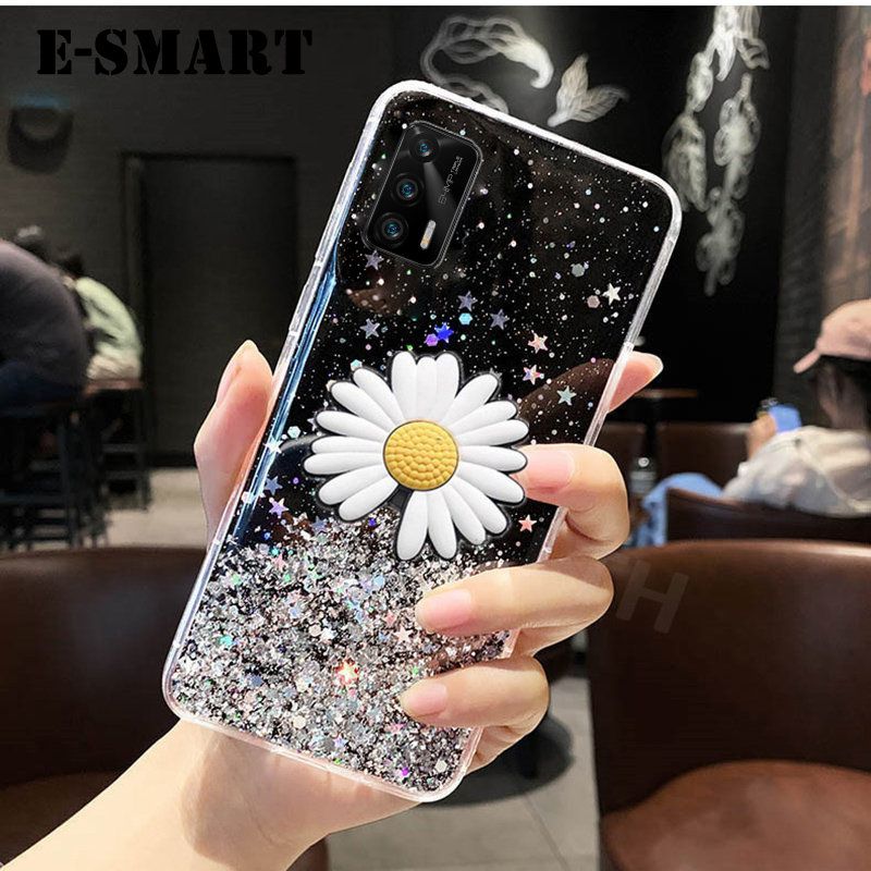 Phone Case Realme GT Transparent Bling Glitter Cases Soft Clear Shining Sequin Back Cover with Daisy Flowers Folding Realme GT Case