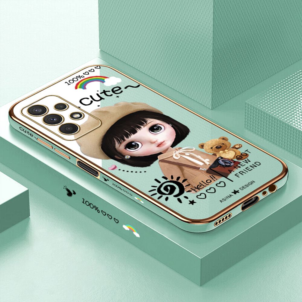 Luxury 6D Plating Case for Samsung A32 5G Cute Satchel Girl Side Pattern Back Cover Soft Silicone Square Phone Cases + Free Lanyard