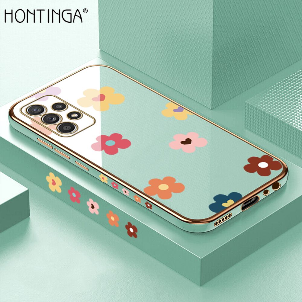Hontinga for Samsung Galaxy A52 5G / 4G / A52S 4G Case + Free Lanyard Luxury 6D Plating Color Cartoon Flowers Side Pattern Soft Back Cover Silicone Square Phone Cases