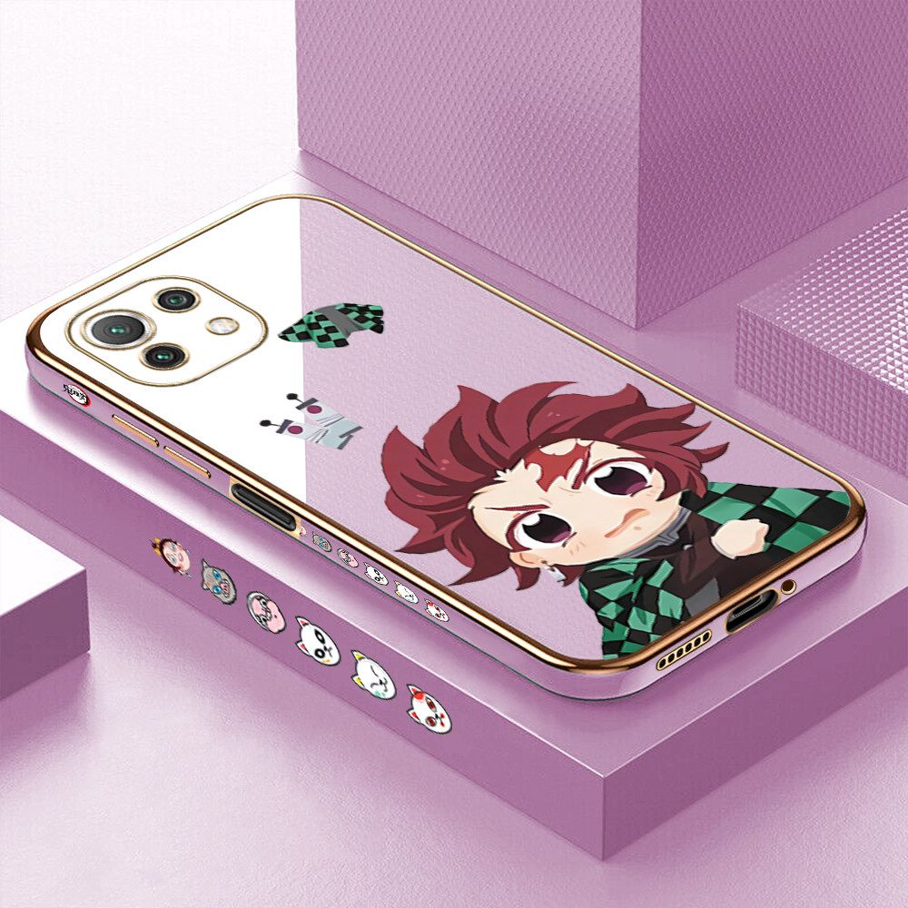 Luxury 6D Plating Case for Xiaomi 11 Lite 5G Cartoon Anime Tanjirou Side Pattern Back Cover Soft Silicone Square Frame Shiny Bling Phone Cases + Free Lanyard