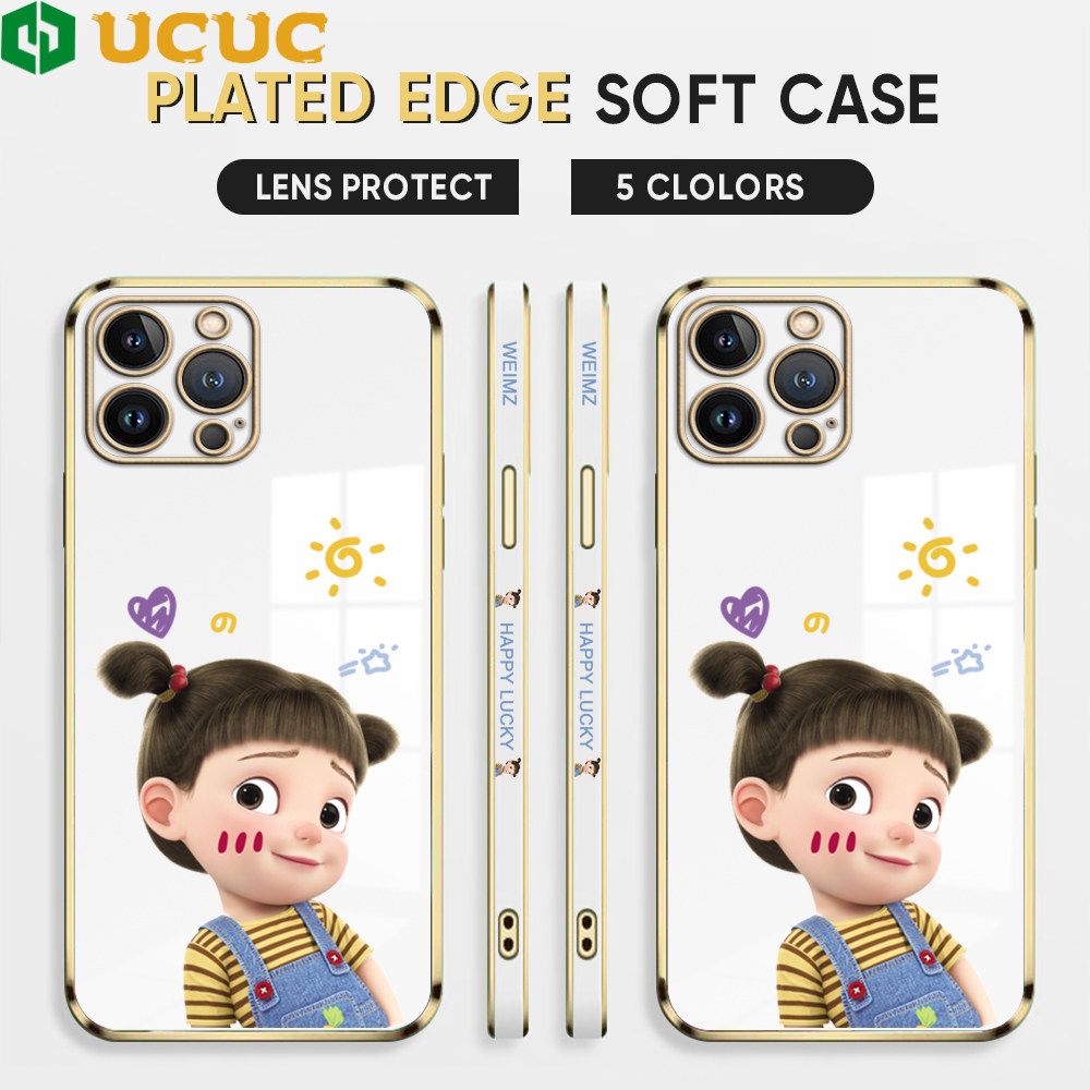 UCUC for iPhone 13 Pro Max Back Cover + Free Lanyard Lovely Girl Luxury 6D Plating Case Side Pattern Soft Silicone Square Phone Cases
