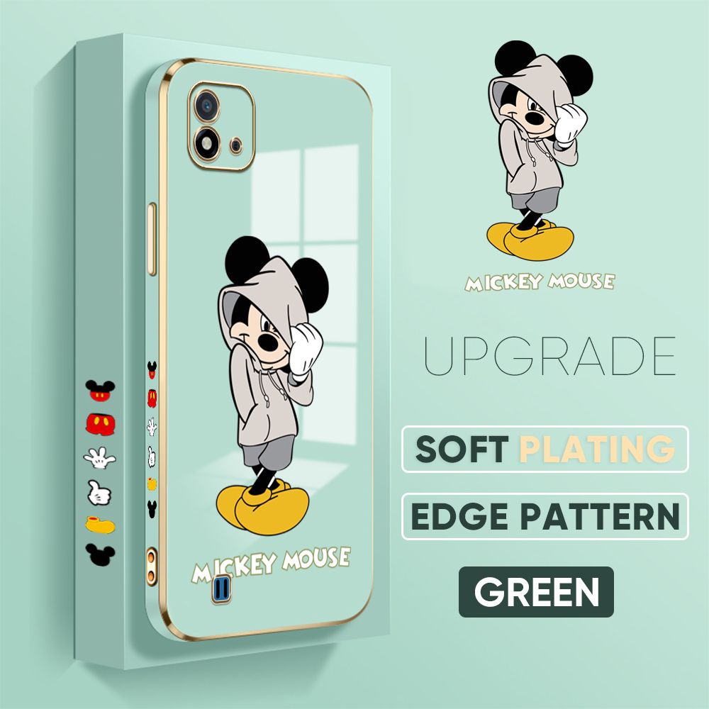 TA for Realme C11 2021 / Realme C20 / Realme C20A Back Cover + Free Lanyard Handsome Mouse Luxury 6D Plating Case Side Pattern Soft Silicone Square Phone Cases