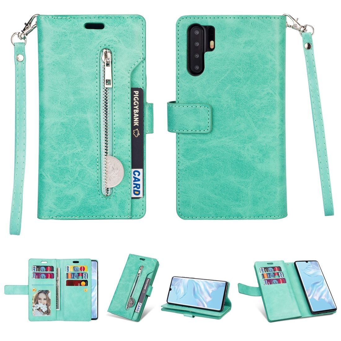 (Ready Stock)For Huawei P30 Pro Multifunctional Zipper Horizontal Flip Leather Case with Holder & Wallet & 9 Card Slots & Lanyard(Mint Green)