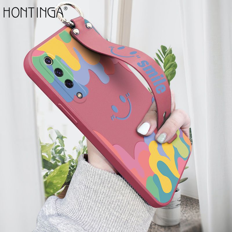 Hontinga for Xiaomi Mi 9 Wrist Strap Case Soft Candy Color Splash Ink Cover Trend Square Printed Pattern Liquid Silicone Phone Case