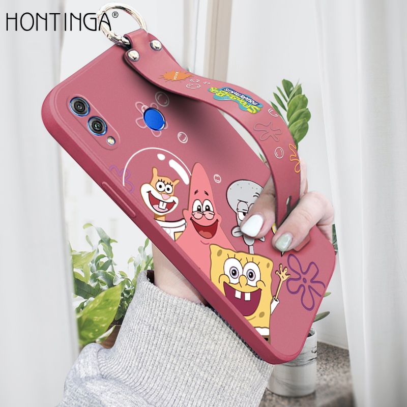 Hontinga for Honor 8X Wrist Strap Case Cute Cute Funny Cartoon Sponge for Square Pants Cover Square Edge Liquid Silicone Anti-drop Phone Case