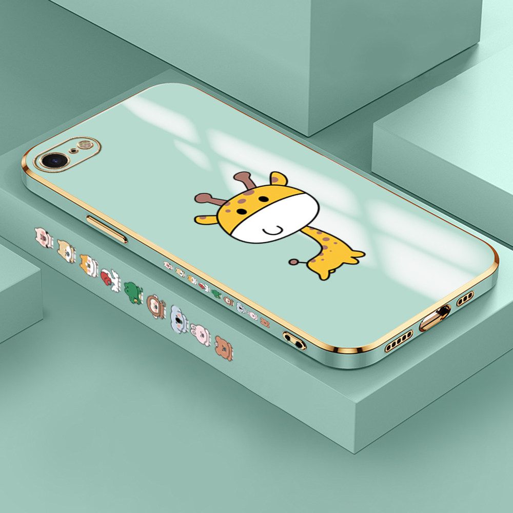 Jizetin (Free Lanyard) iPhone 7 / iPhone 8 / SE 2020/ SE 2022 Case Cute Cartoon Big Head Giraffe Luxury 6D Plating Soft Casing Silicone Ultra Thin Phone Cover