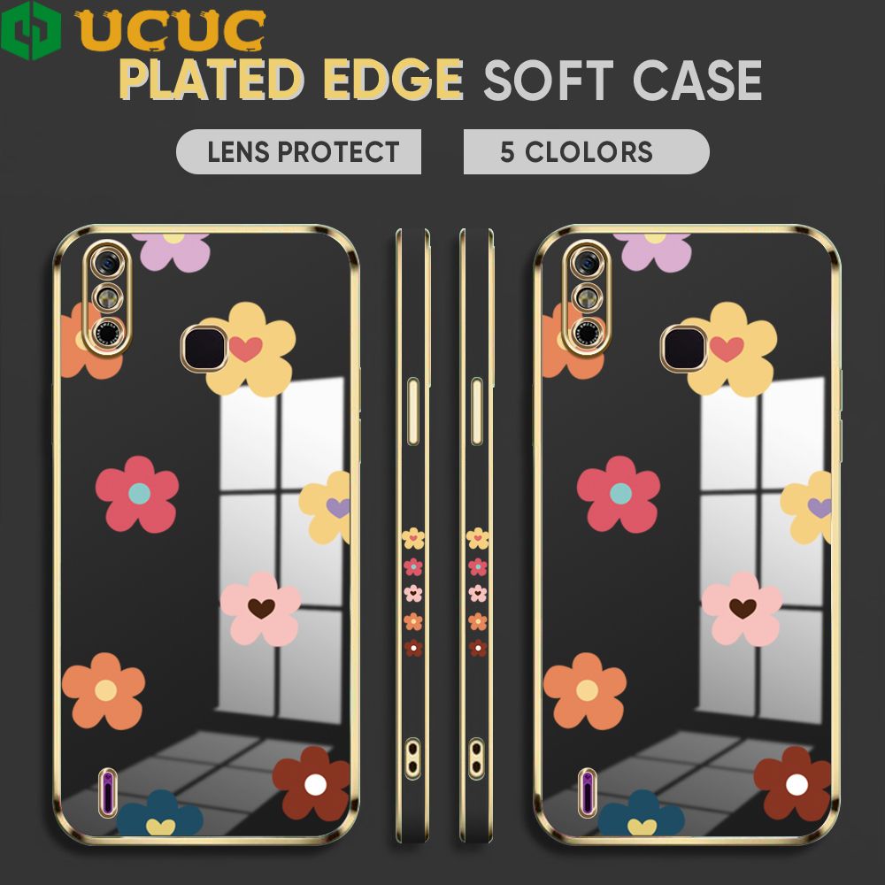 UCUC for Infinix Smart 4 Back Cover + Free Lanyard INS Style Flower Luxury 6D Plating Case Side Pattern Soft Silicone Square Phone Cases