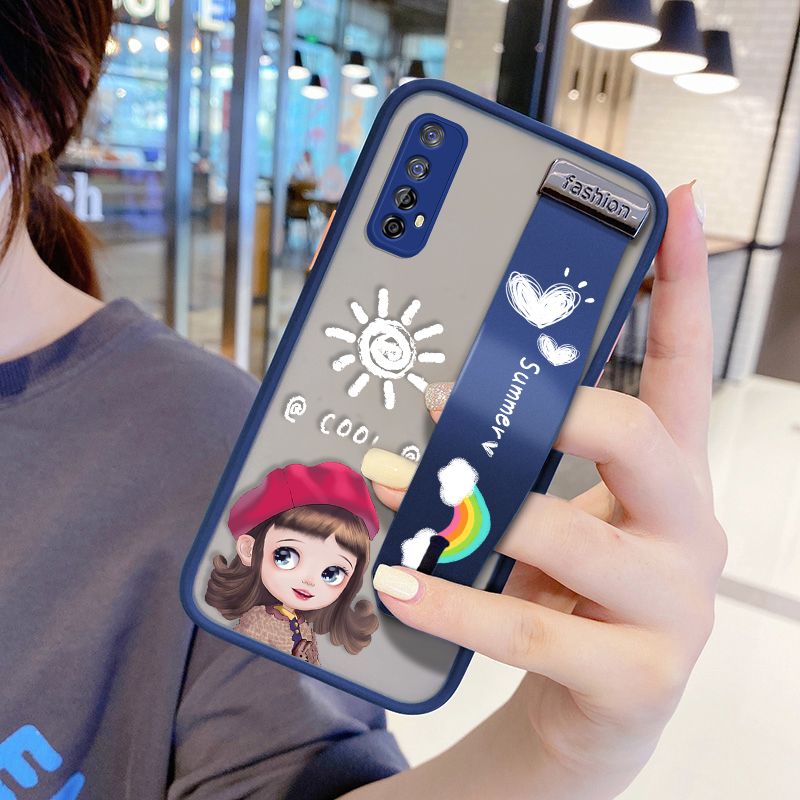UCUC for Realme 7 Wrist Strap Case Lovely Cartoon Red Hat Girl Wristband Printing Cover Shockproof Frosted Phone Case