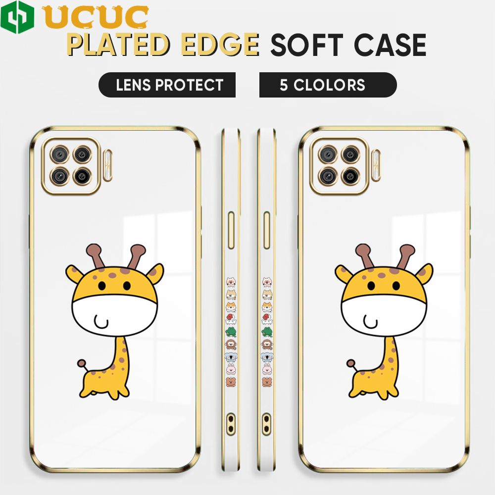 UCUC for OPPO F17 A73 2020 Back Cover + Free Lanyard Big Head Giraffe Luxury 6D Plating Case Side Pattern Soft Silicone Square Phone Cases