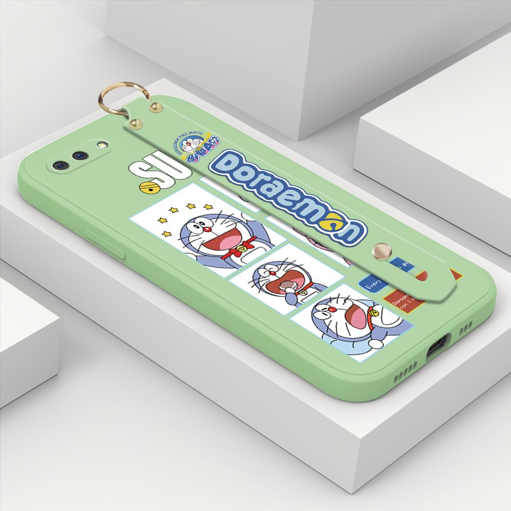 Hontinga for OPPO A3S Wrist Strap Case Cute Cute Cartoon Blue Cat Daily Life Cover Square Edge Liquid Silicone Creative Phone Protective Cases