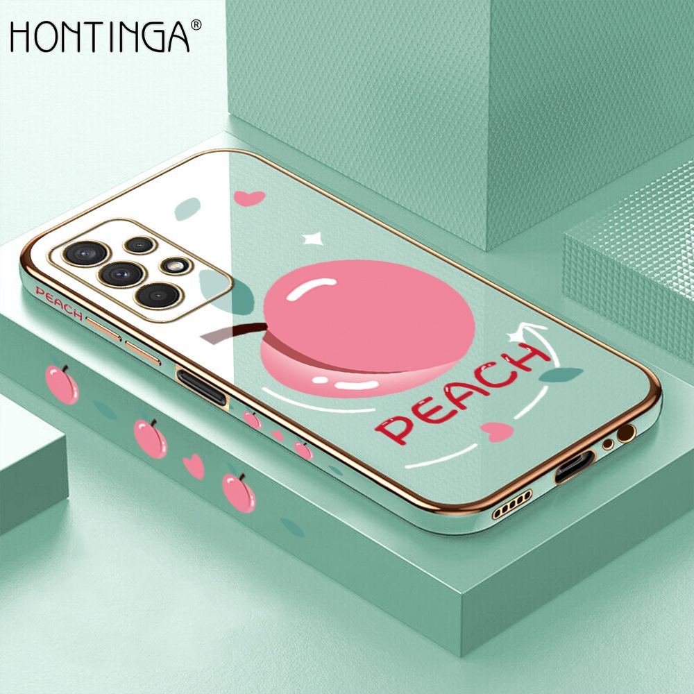 Hontinga for Samsung A32 5G Case Luxury 6D Plating Cartoon Simple Peach Side Pattern Soft Back Cover Silicone Square Phone Cases