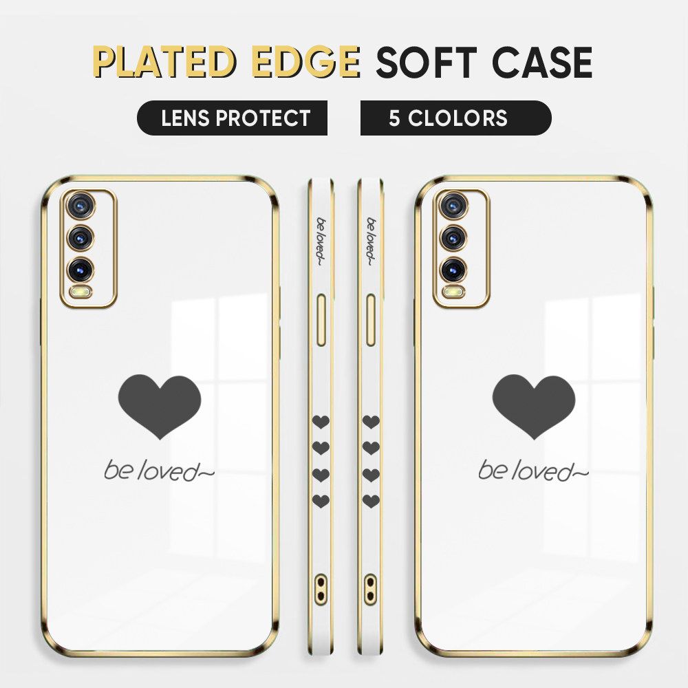 Luxury 6D Plating Case for Vivo Y20 2021 Phone Cases Lover Heart Side Print Soft Silicone Square Back Cover